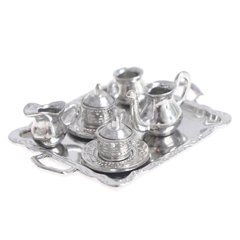 10pcs 1/12 Dollhouse миниатюрни сребърни метални чай кафе тава прибори за хранене комплект