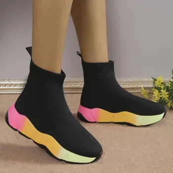 2023 Марка Унисекс чорапи Обувки Дишаща Висок връх Дамски обувки Апартаменти Мода Маратонки Stretch Fabric Дамски обувки