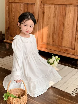 2024 Нови стилове момичета дантела рокля пълен ръкав пролет мода момичета рокли детски дрехи 2-8 години