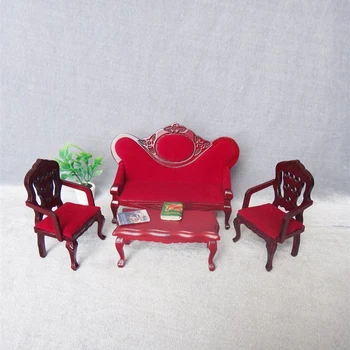 4Pcs/Set Европейски ретро 1/12 мащаб Dollhouse миниатюрни дървени хол мебели фотьойли диван диван стол маса Начало декор