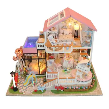 DIY миниатюрен комплект за кукли Мини къща за правене на комплект DIY кабина стая комплект с LED светлина Коледни подаръци за рожден ден за момчета момичета