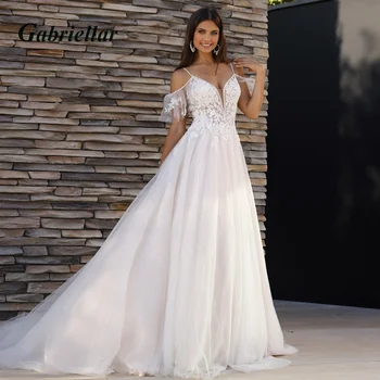 Gabriellar Сватбена рокля за жени Апликации V-образно деколте без гръб спагети каишка тюл A-line вграден сутиен Vestido De Novia 2023