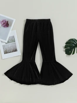 Girls Velvet Flare Pants with Elastic Waistband - Stylish Solid Color Bell Bottom Trousers for Fall and Winter - Comfortable