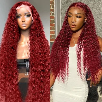 Luvin 180% 99J Бургундия 13x4 HD дантела фронтална човешка коса перуки дълбоко вълна червен цвят бразилски перука за жени къдрава човешка коса