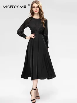 MARYYIMEI моден дизайнер есен дамска рокля мъниста дълъг ръкав талията нагоре щифт черен реколта елегантни рокли
