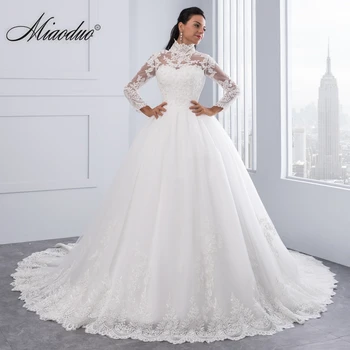 Miaoduo Vestido De Noiva Plus SIze High Neck IIIusion Back Сватбени рокли с дълъг ръкав 2022 Бална рокля Сватбени рокли за жени