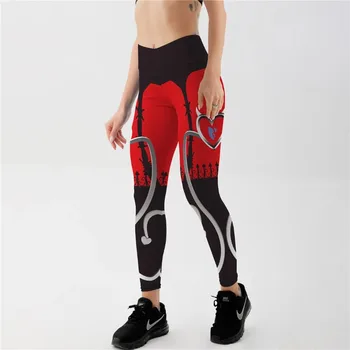 New Sexy Heart Print Leggings Women Red Black Patchwork Sporting Pants Fashion Printed Women's Fitness Leggings Pants Women