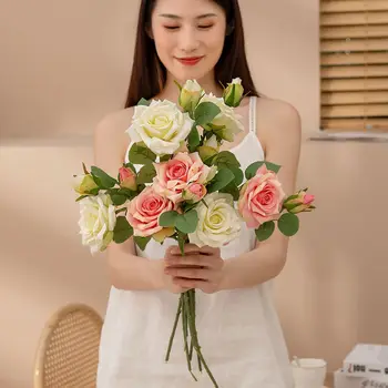 Oc'leaf Персонализиране Поддържа изкуствено цвете като истинско двуглаво розово букет за DIY сватбено тържество декорация на дома