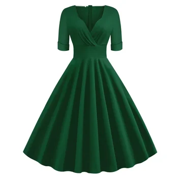 Office Green Solid Rockabilly 1950S реколта Ruched V врата елегантна парти рокля жени 2023 Лятна половин ръкав A Line Midi рокли