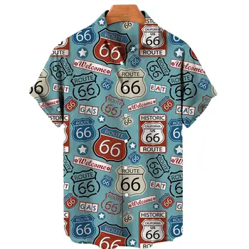 Route 66 Ретро риза Американски флаг 3d печат Хавайски ризи Ретро летни ризи Дишаща риза с къс ръкав за мъже отгоре