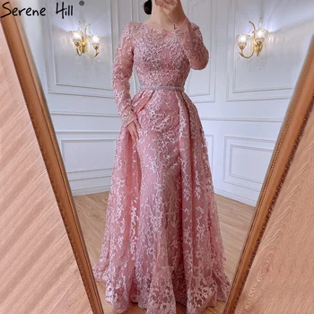 Serene Hill Мюсюлмански сиви A-Line вечерни рокли рокли 2023 дантела мъниста лукс за жена сватбено парти LA71211