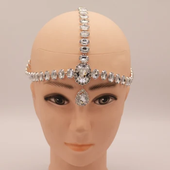 гореща продажба изящна мода голям скъпоценен камък кристал челото верига Boho булчински вода капка висулка главата верига елегантни шапки за жени