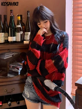 Гръндж личност контраст цвят ивица пуловери кухи навън улично облекло пуловери хлабав трикотажни Y2k естетически дамски дрехи