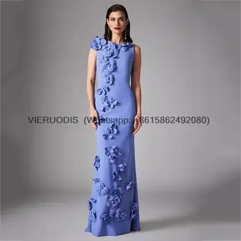 Елегантен син кръг врата прав сатен 3D цветя секси тънък годни гръб цвят луксозни дами парти обичай вечерна рокля парти