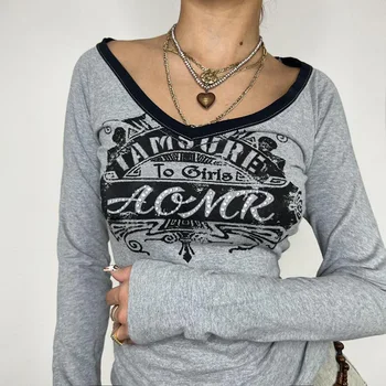Есен V-образно деколте Дамска тениска Clothese дълги ръкави писмо печат Crop Top мода T риза женски streetwear случайни изрязани отгоре