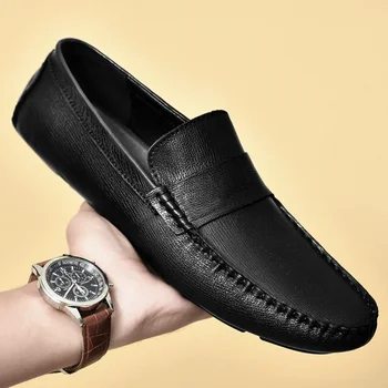 Естествена кожа мъжки обувки луксозна марка високо качество официални случайни мъжки мокасини мокасини меко приплъзване на лодка обувки плюс размер 36-45
