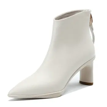 Жените глезена ботуши Poined Toe тънък висок ток естествена кожа обувки жена есен зима офис дами размер 34-43