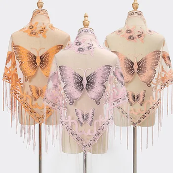 Жените дантела пеперуда печатни шалове шифон шал модерен издълбани пискюли шал парти елегантен женски универсален шал