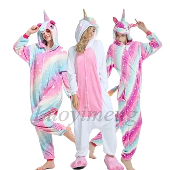 Зимна розова пижама еднорог карикатура спално облекло жени пижами фланела животински adutls kigurumi стич панда onesies пижама нощно облекло