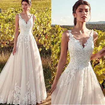 Класически V-образно деколте сватбени рокли шампанско A-line апликации Дължина на пода Vestidos de Noiva 2022 булчински рокли