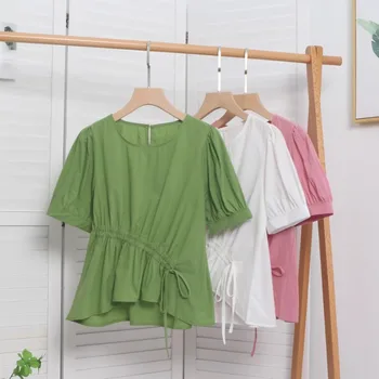Корейска модна блуза за жени Продажби О-образно деколте Shirring Folds къс ръкав кльощава ризи лято случайни женски Blusa дропшипинг