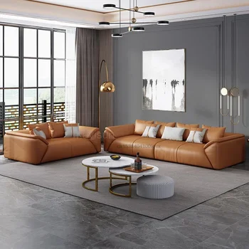 Луксозен кожен диван първи слой телешка скандинавски малък апартамент хол за трима души ъглов диван Home Furniturm GY50GM