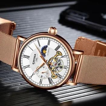 Луксозни мъжки механични часовници Автоматичен ръчен часовник Tourbillon Moon Phase Watch Man Rose Gold Steel Relogio Masculino