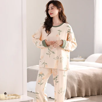 Модни печатни пижами за жени мързелив стил нощница спално облекло домашно облекло майка дълъг ръкав дома костюми плюс размер