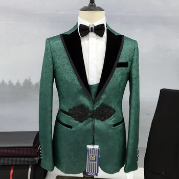 Мъжки костюм по поръчка 3 бр комплект отпечатани китайски възел ревера палто черни панталони жилетка високо качество официален бизнес сватба