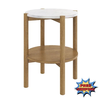 Нейтън Джеймс Тъкър Кръгла акцентна малка странична маса, дървена диванна крайна маса с мраморен плот за хол или спалня