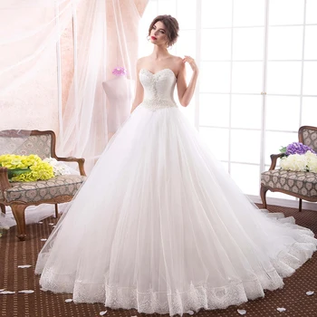 Поръчкови пълни перли апликации плисе бял тюл сватбени рокли A-line плюс размер халат Mariee принцеса рокли 2020