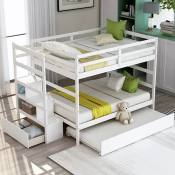 Пълно над пълно двуетажно легло с двоен размер Trundle, семейно детско триетажно легло, легло за възрастни и юноши, стълби за съхранение