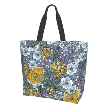 Реколта Бохо цветя жълт син флот акварел флорални платно голяма пазарска чанта за хранителни стоки