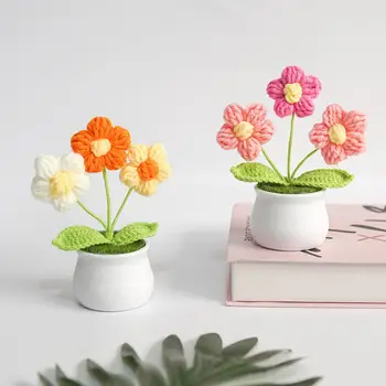 Ръчно изработено плетено на една кука малко цвете саксийно растение стилен дълготраен реалистичен прежда цветя Декорация на дома плетен букет
