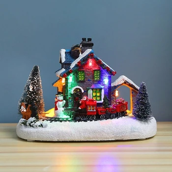 Светеща къща Коледа малък влак селска къща светлинен пейзаж сняг фигурки смола десктоп орнамент декорация