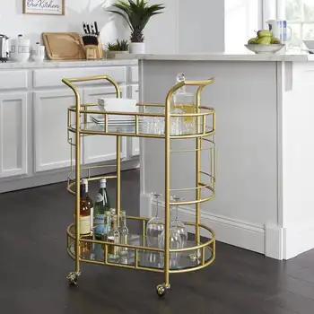 Фицджералд Бар количка с матово златно метално покритие, 2-степенна обслужваща количка Подвижна подносова поднос Подвижен Кухня