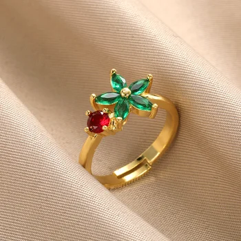 циркон зелени цветни пръстени за жени мода кристал регулируеми пръстени за пръсти от неръждаема стомана бижута сватбен подарък